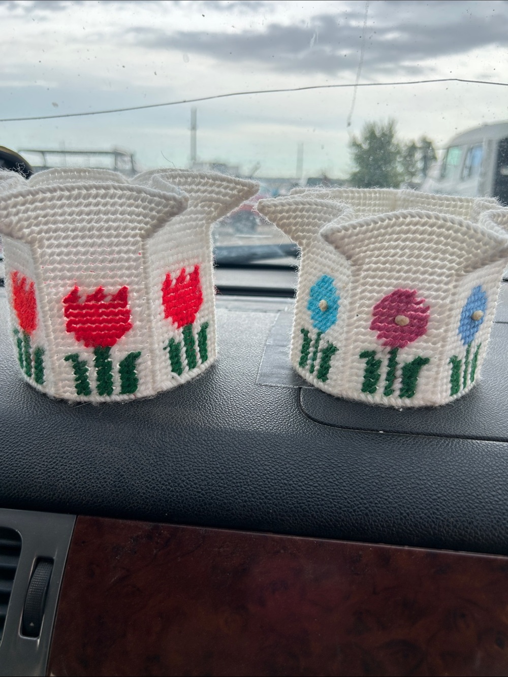vintage Handmade White Crochet Flower Cup Cozy - Floral Knit Sleeve
